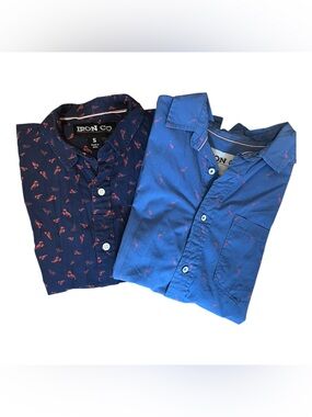 Iron Co. Lot of 2 Blue Short Sleeve Button-Down Shirts Flamingos & Crabs size S